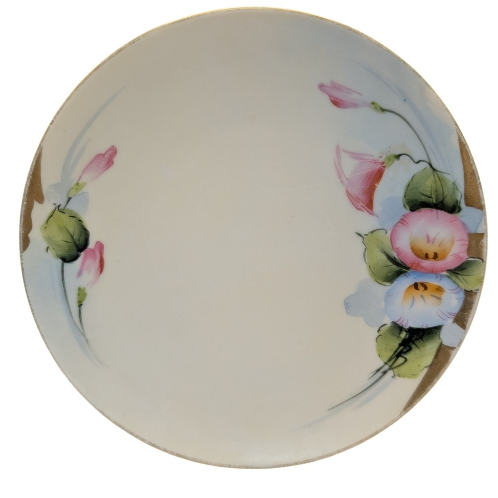 Antique Nippon Bread Plate Hand Painted Pink Blue Floral Green Crown Mark SEE